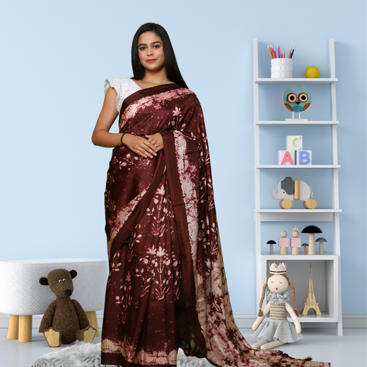 Jute  Silk  Saree with Digital print and Dark Brown colour