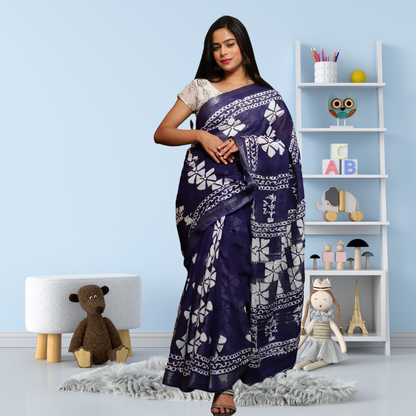 Bagru Print Cotton Linen Saree - Indigo colour