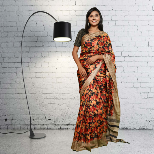 Jute  Silk  Saree with Digital print and Black colour