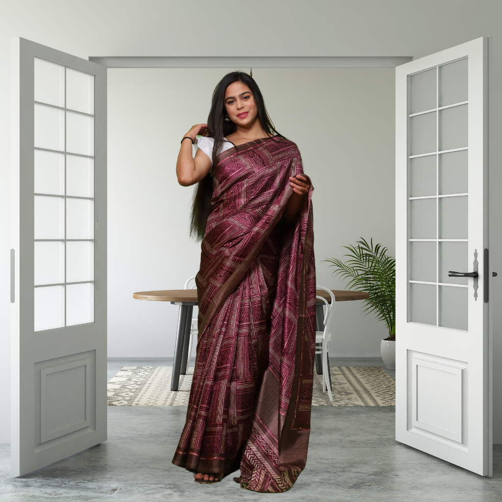 Jute Silk  Saree with Digital Print and Maroon colour