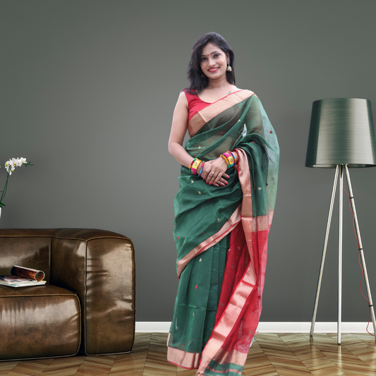 Maheshwari Silk by Cotton Arrow Bootie Green Saree