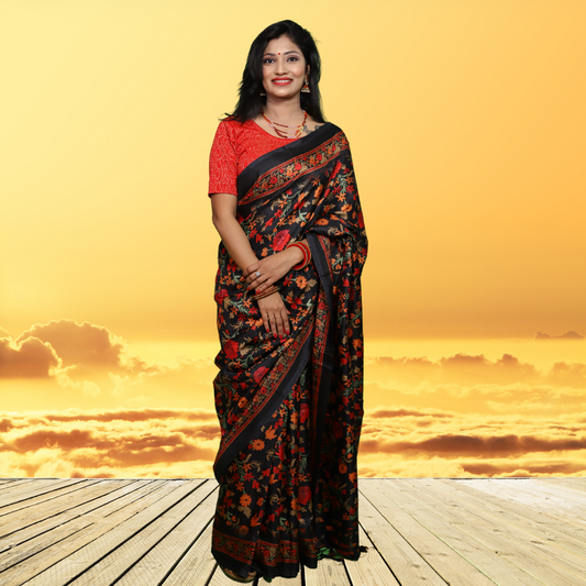 Jute  Silk  Saree with Digital print and Black colour