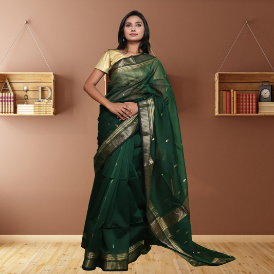 Maheshwari Silk by Cotton Saree with Bootie and Dark Green colour