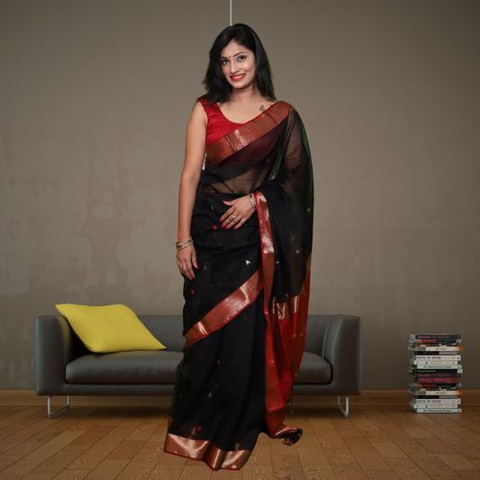 Maheshwari Silk by Cotton Arrow  Bootie Black Saree