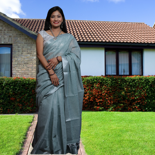 Tissue Linen  Saree -Green Grey colour