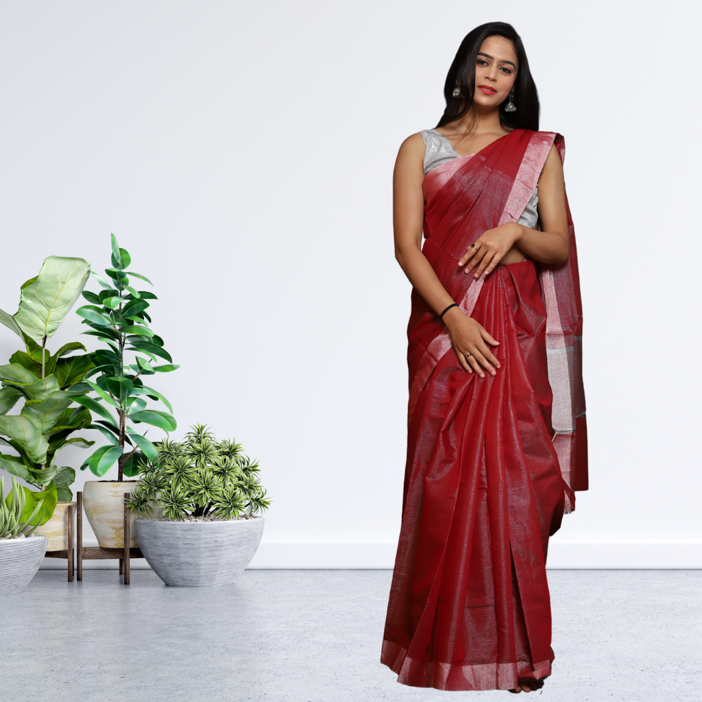 Tissue Linen  Saree -Dark Red colour