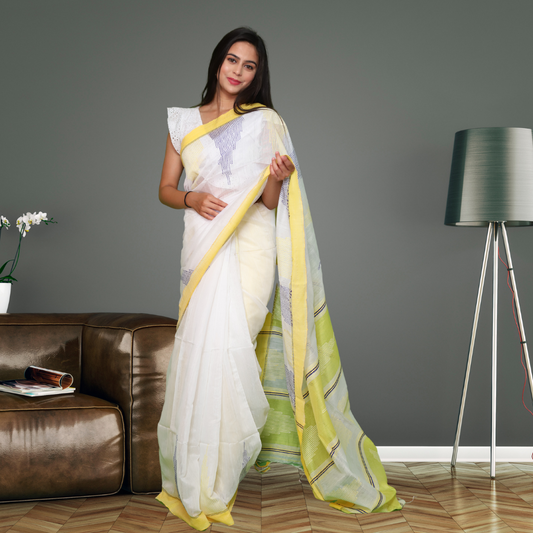 Handloom Cotton Silk saree -White colour