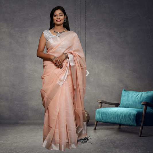 Tissue Linen  Saree-  Peach colour