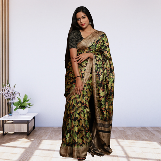 Jute  Silk  Saree with Digital print and Black colour