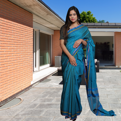 Maheshwari Pure Cotton Saree - Dark Green Cyan colour