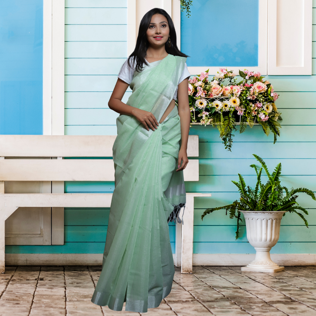 Tissue Linen  Saree -Light Green colour