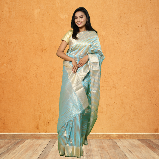 Maheshwari Silk by Cotton  Saree with Light Skyblue and Golden Strips