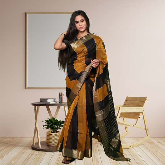 Maheshwari Silk by Cotton Saree with Yellow and Black Stripes