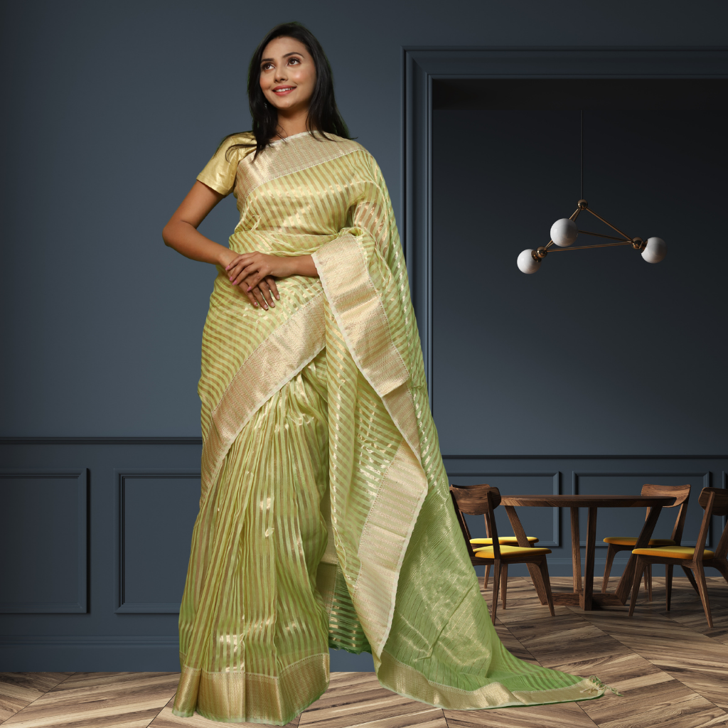 Maheshwari Silk by Cotton  Saree with Light Parrot Green and Golden Strips