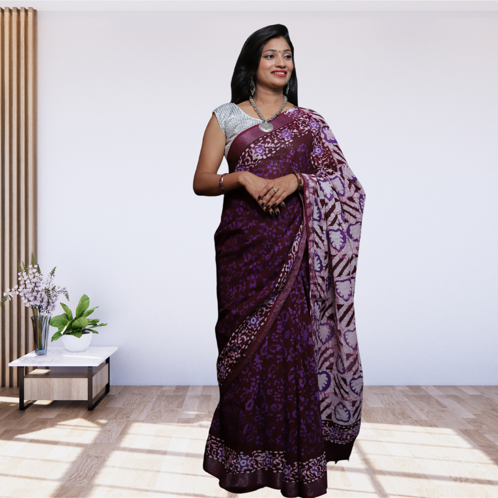 Bagru  Print Cotton Linen Saree -Wine colour