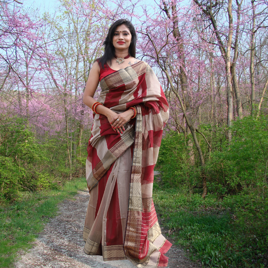 Maheshwari Silk by Cotton Saree with Grey and maroon Stripes