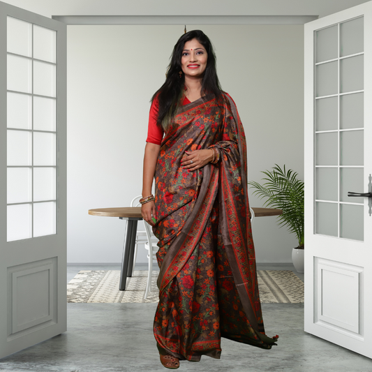 Jute Silk Saree with Digital Print and Brown colour