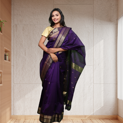 Maheshwari Silk by Cotton saree with Bootie and Purple colour