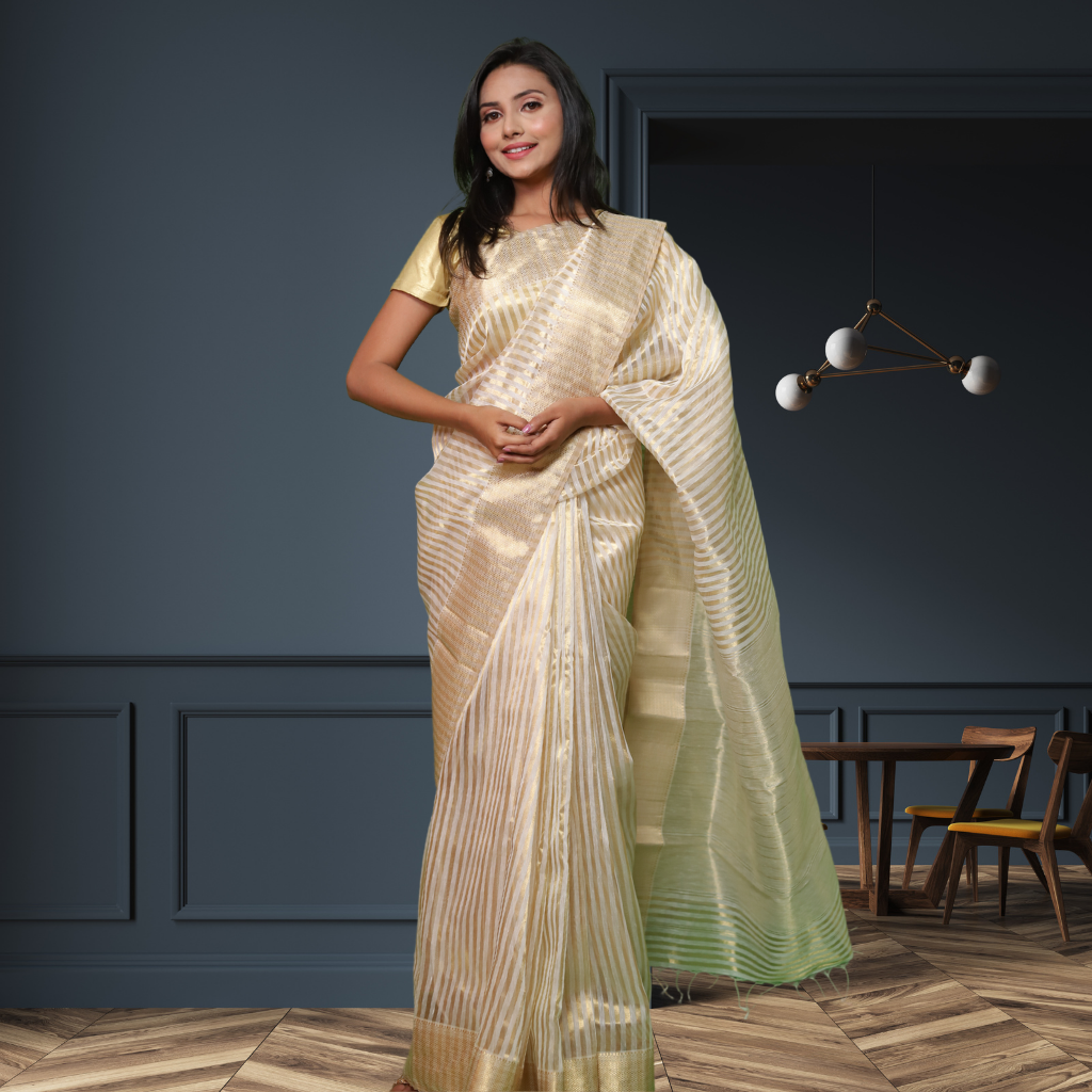 Striped Cotton Saree with Gold Lace Border at Rs 8,450 / Piece in Bangalore  | House Of Blouse