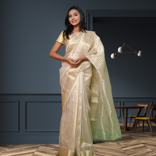 Maheshwari Silk by Cotton  Saree with White and Golden Strips