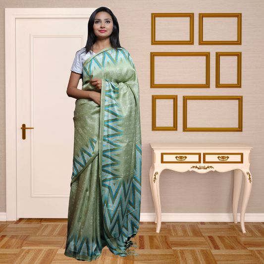 Jute  Silk  Saree with Digital print and Light sage Green colour