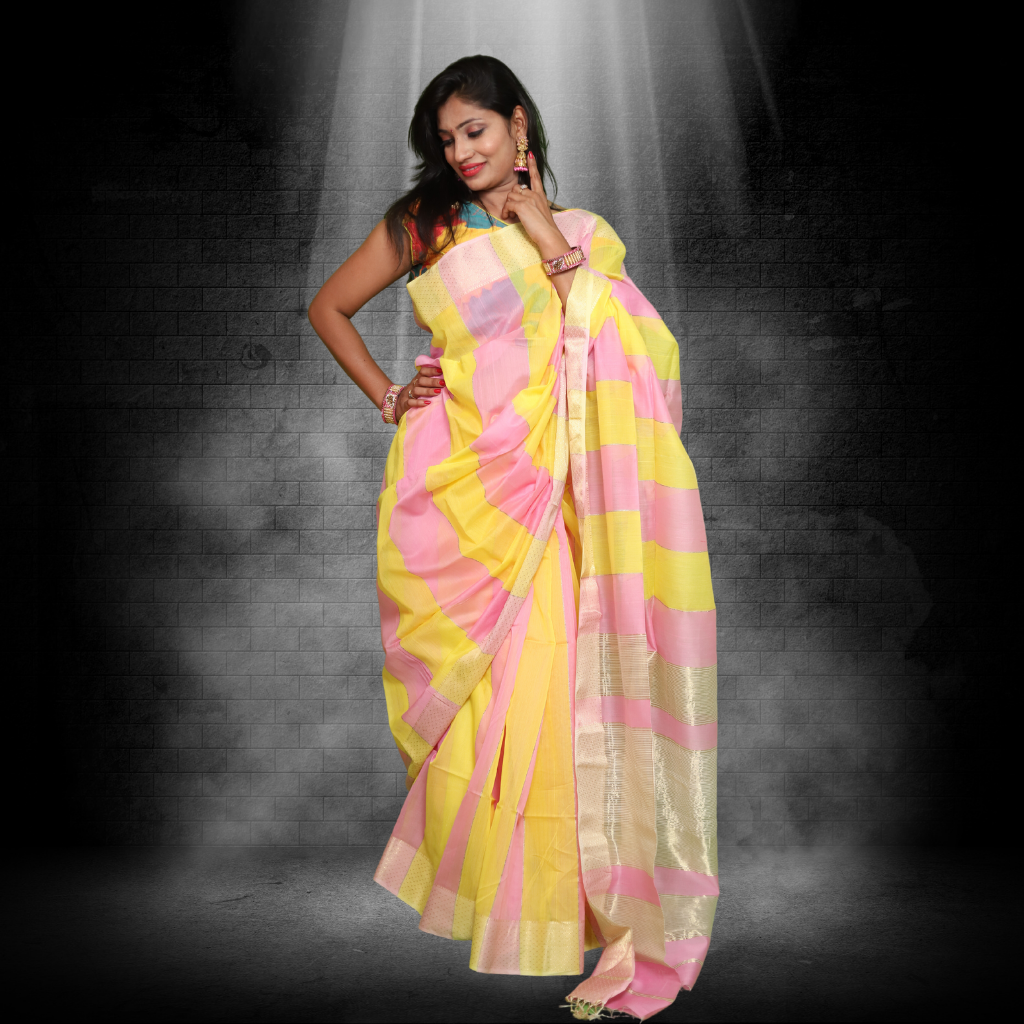 Maheshwari Silk by Cotton Saree with Yellow and Pink Stripes