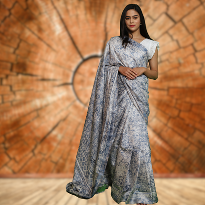 Jute  Silk  Saree with Digital Print and Light grey colour
