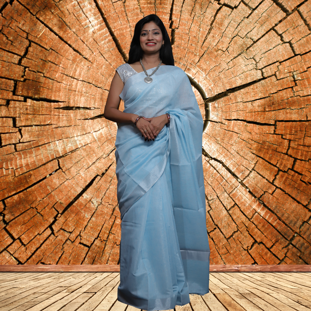 Tissue Linen  Saree- Light Blue