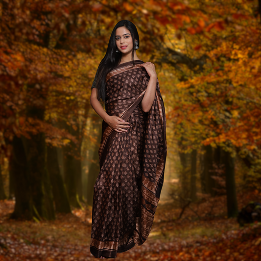 Jute  Silk  Saree with Digital print and  Brown colour