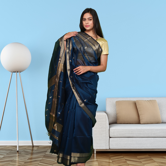 Maheshwari Silk by Cotton Saree with Bootie and Dark Blue colour