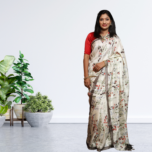 Jute  Silk  Saree with Digital print and Off white colour