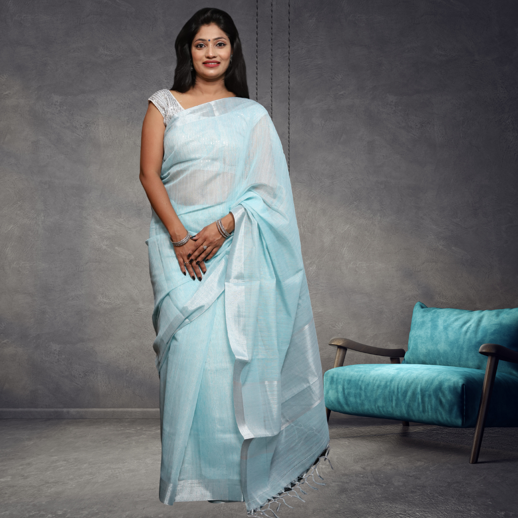 Tissue Linen  Saree -Light Skyblue colour