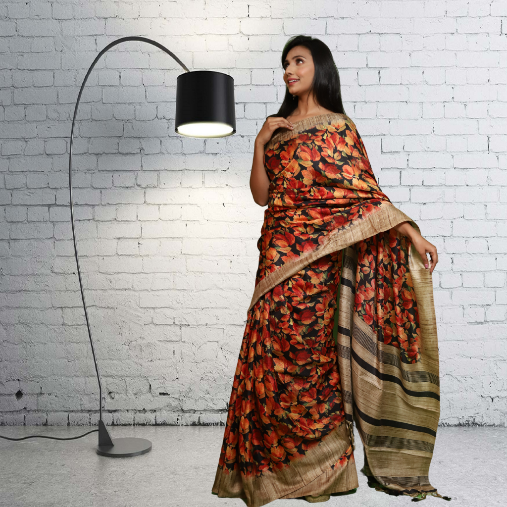 Fancy Linen Jute Saree in Beautiful Print and Self Border – Siri Collections