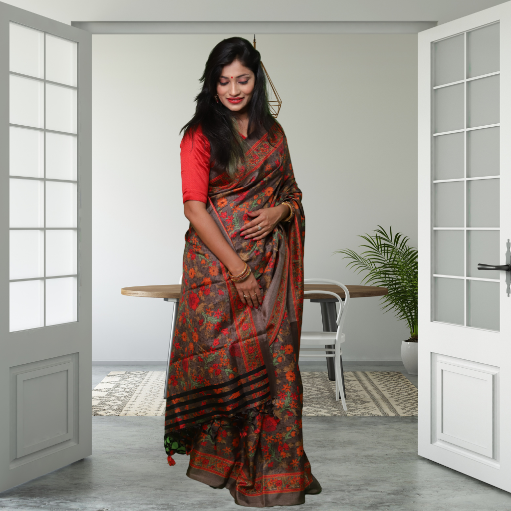 Jute Silk Saree with Digital Print and Brown colour