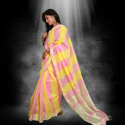 Maheshwari Silk by Cotton Saree with Yellow and Pink Stripes