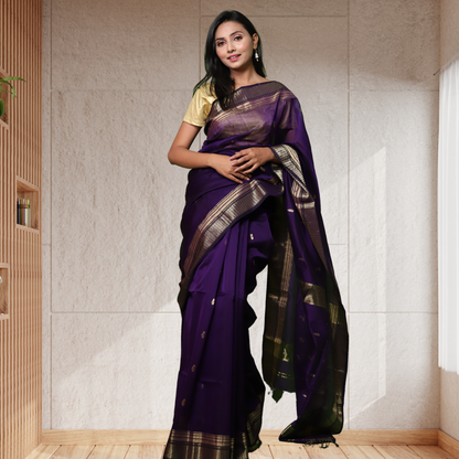 Maheshwari Silk by Cotton saree with Bootie and Purple colour