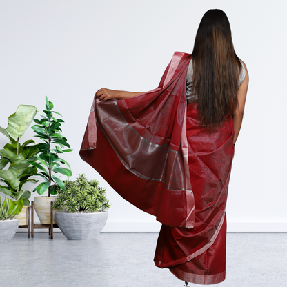 Tissue Linen  Saree -Dark Red colour