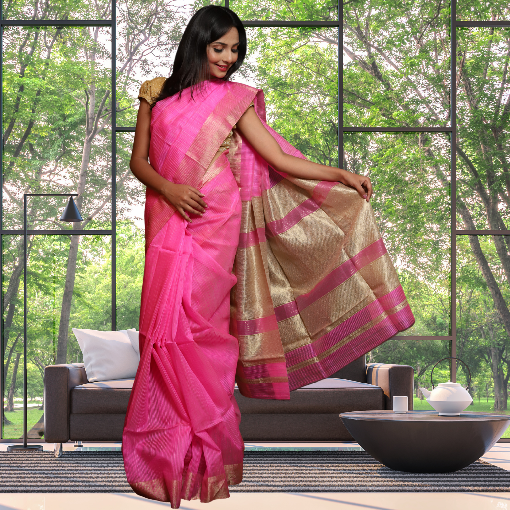 Baby pink color soft banarasi silk saree with zari weaving work