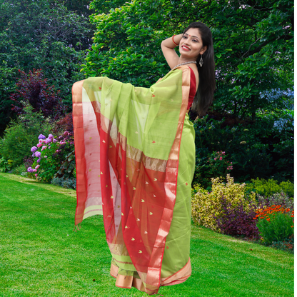 Maheshwari Silk by Cotton Arrow Bootie Parrot Green Saree