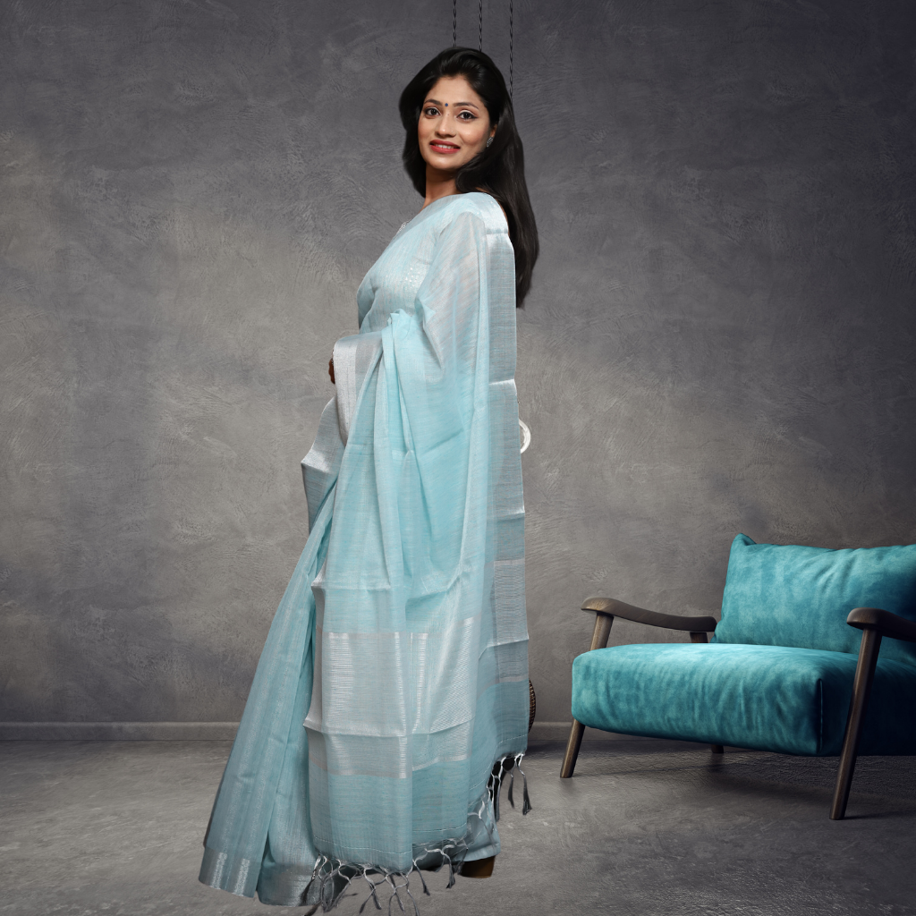 Tissue Linen  Saree -Light Skyblue colour