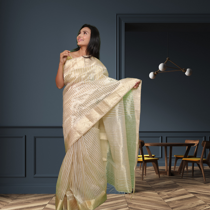 Maheshwari Silk by Cotton  Saree with White and Golden Strips