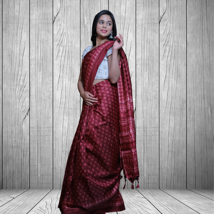 Jute  Silk  Saree with Digital print and Maroon colour