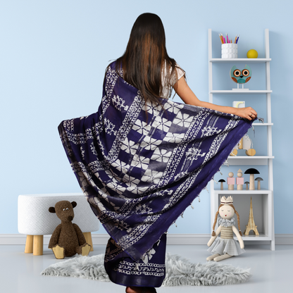 Bagru Print Cotton Linen Saree - Indigo colour