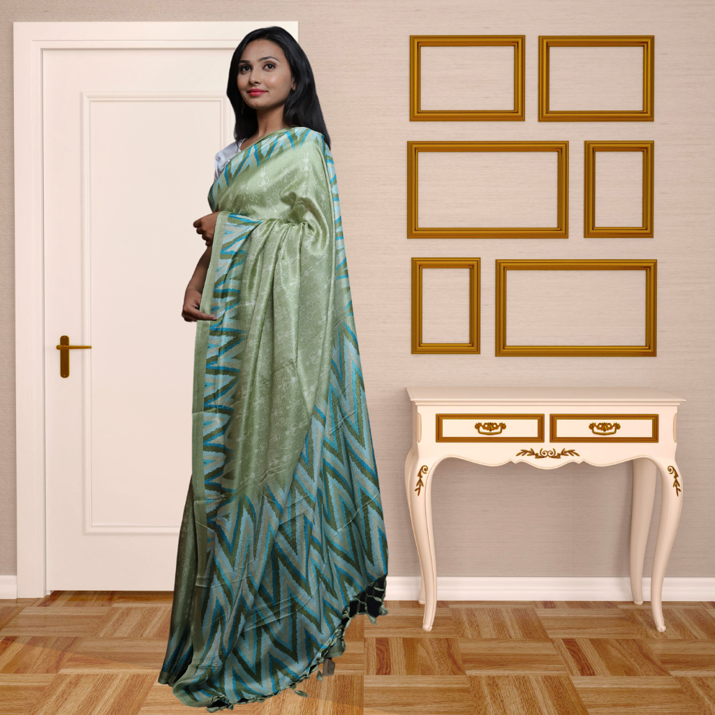 Jute  Silk  Saree with Digital print and Light sage Green colour