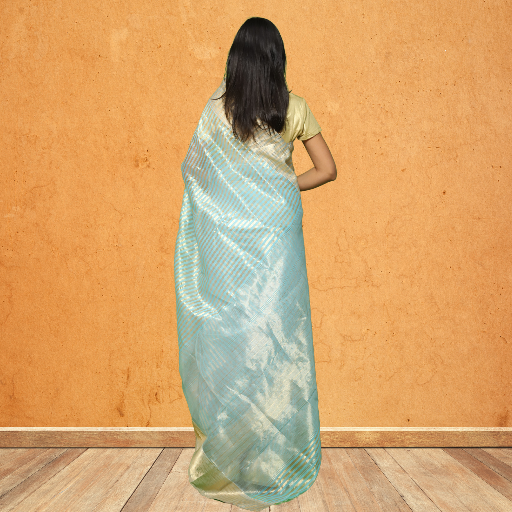 Maheshwari Silk by Cotton  Saree with Light Skyblue and Golden Strips