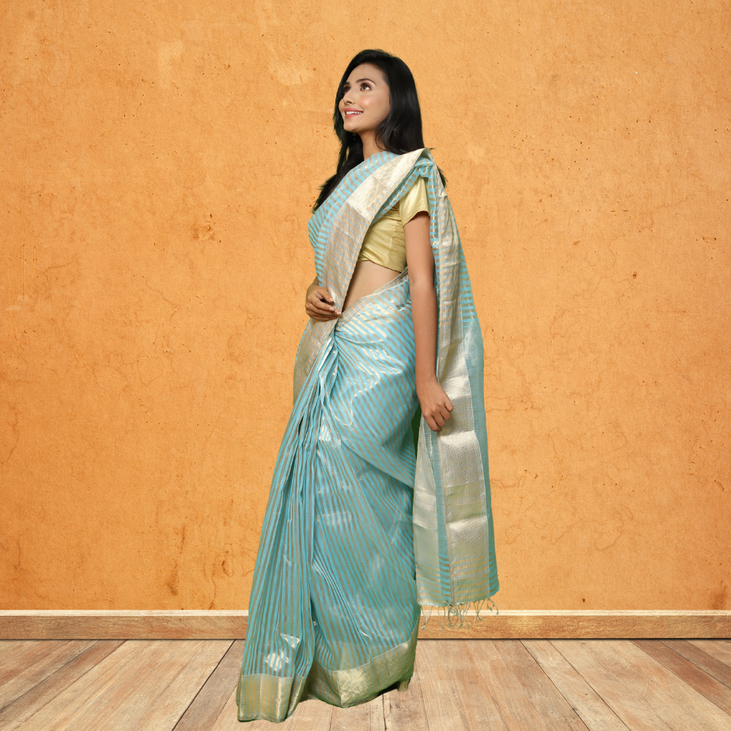 Maheshwari Silk by Cotton  Saree with Light Skyblue and Golden Strips