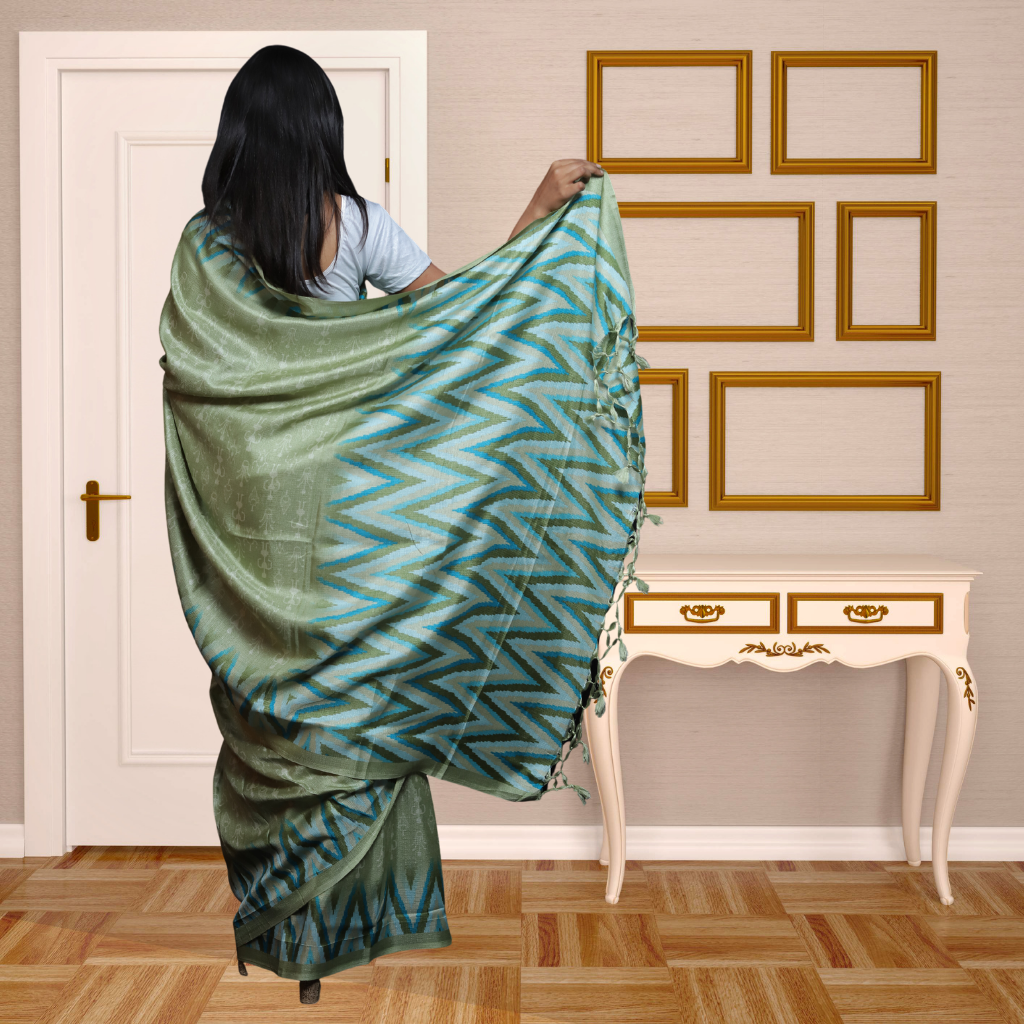 Jute  Silk  Saree with Digital print and Light sage Green colour