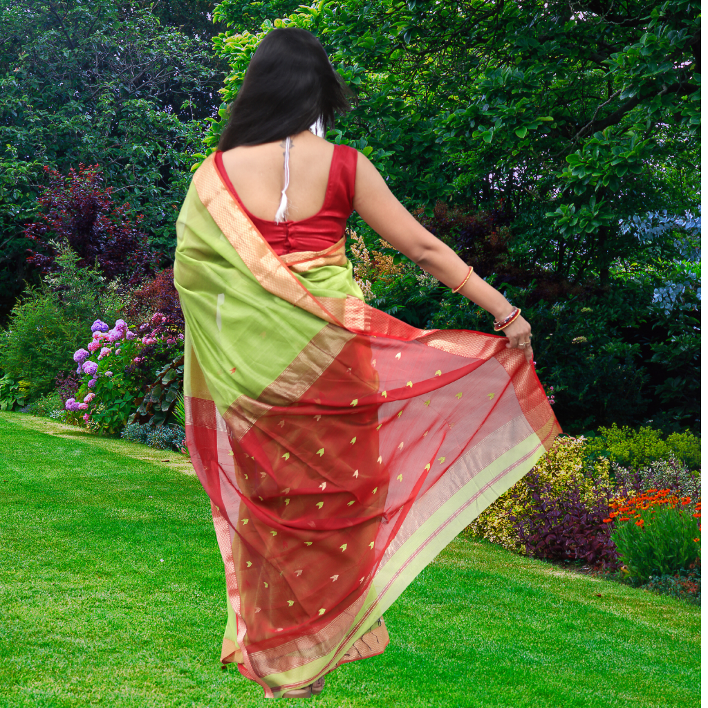 Maheshwari Silk by Cotton Arrow Bootie Parrot Green Saree