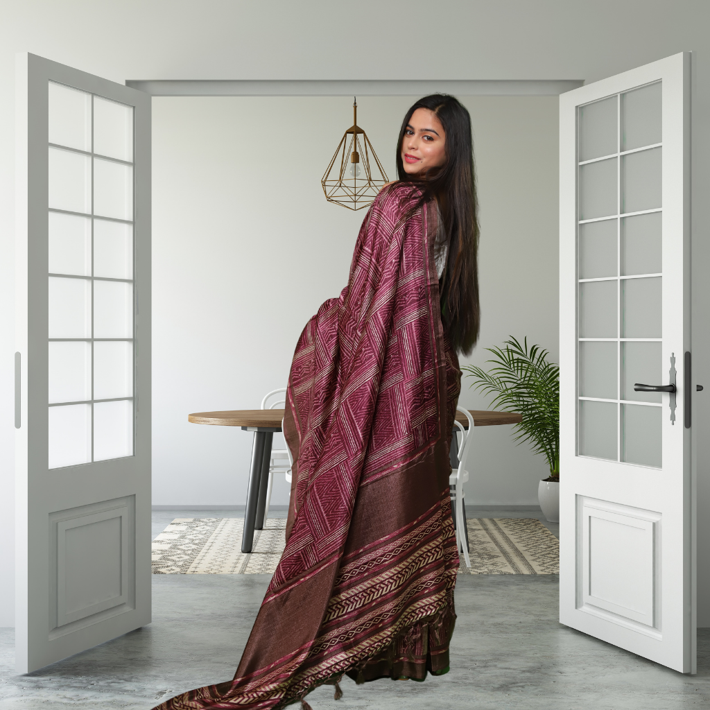 Jute Silk  Saree with Digital Print and Maroon colour