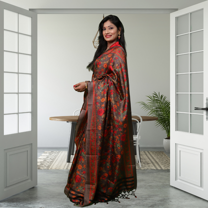 Jute Silk Saree with Digital Print and Brown colour